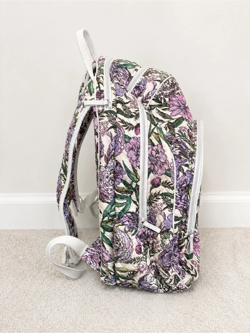 Vera Bradley Floral Quilted Backpack Laptop Travel Bag Purple Pink with light gr